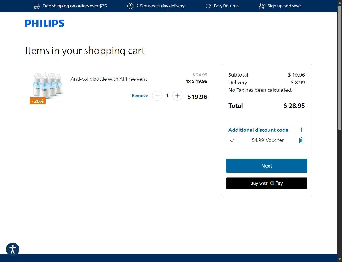 Philips Avent checkout page showing Philips Avent promo code box | Screenshot taken by SimplyCodes community member on Dec 28, 2025
