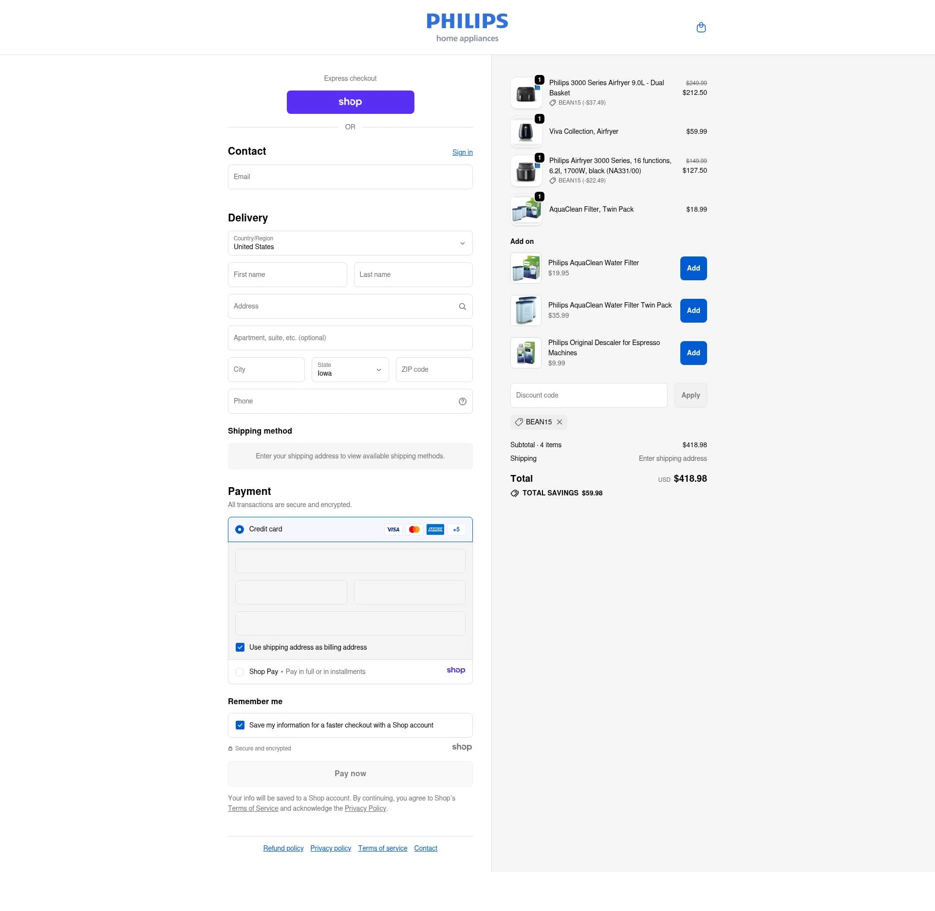 Philips Home Appliances checkout page showing Philips Home Appliances discount code box | Screenshot taken by SimplyCodes community member on Dec 11, 2025