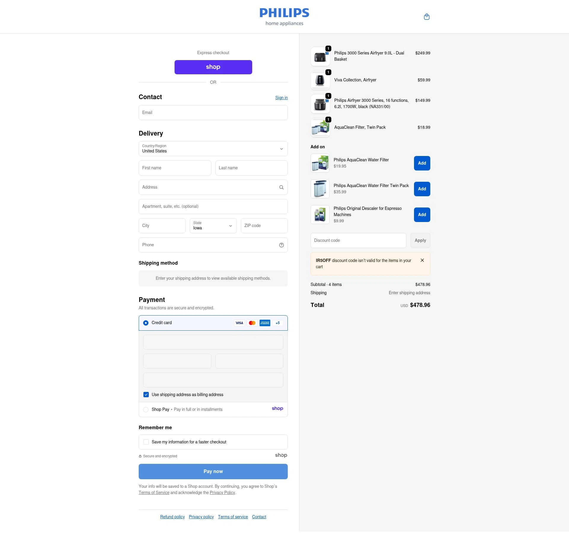 Philips Home Appliances checkout page showing Philips Home Appliances discount code box | Screenshot taken by SimplyCodes community member on Dec 23, 2025