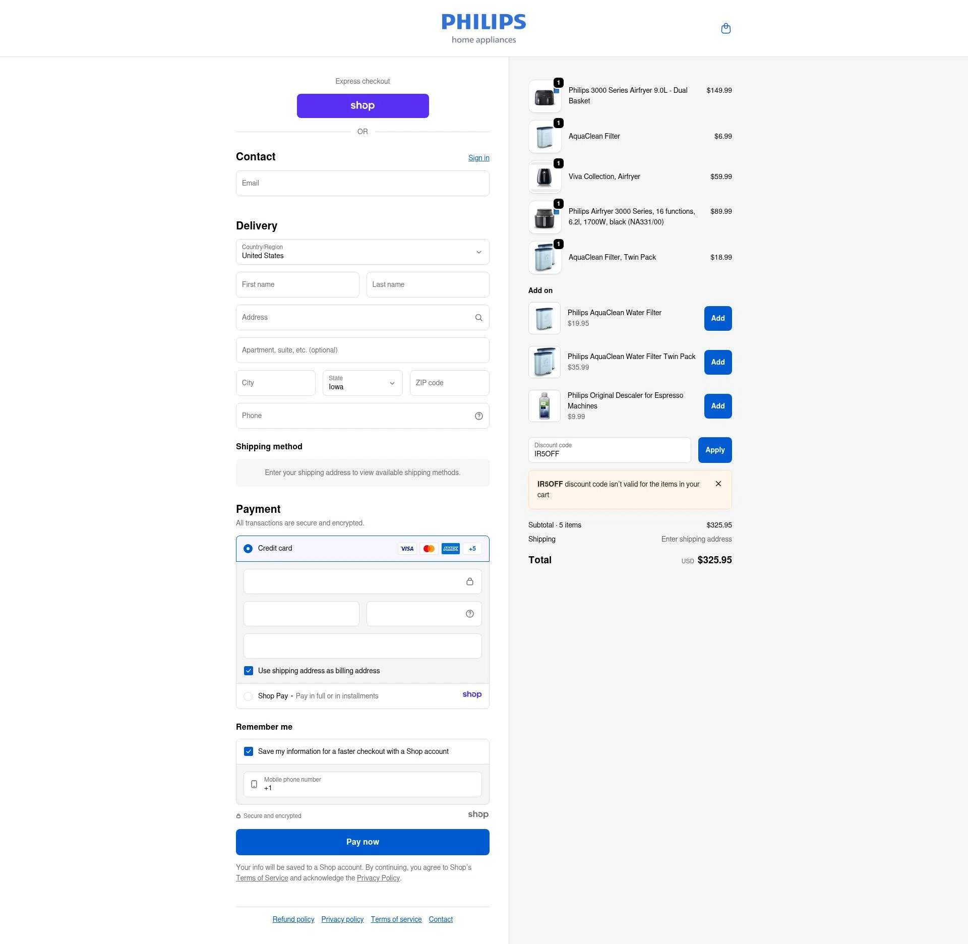 Philips Home Appliances checkout page showing Philips Home Appliances discount code box | Screenshot taken by SimplyCodes community member on Nov 30, 2025