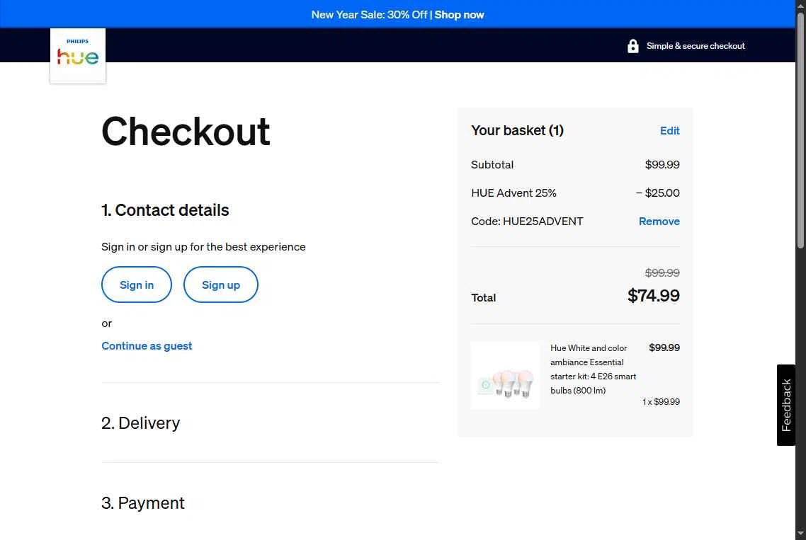 Philips Hue checkout page showing Philips Hue promo code box | Screenshot taken by SimplyCodes community member on Jan 14, 2026