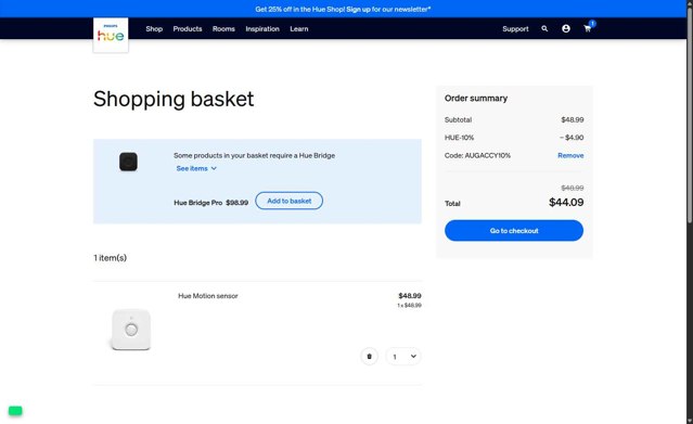 Philips Hue checkout page showing Philips Hue promo code box | Screenshot taken by SimplyCodes community member on Sep 4, 2025