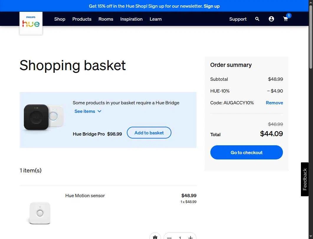 Philips Hue checkout page showing Philips Hue promo code box | Screenshot taken by SimplyCodes community member on Dec 10, 2025