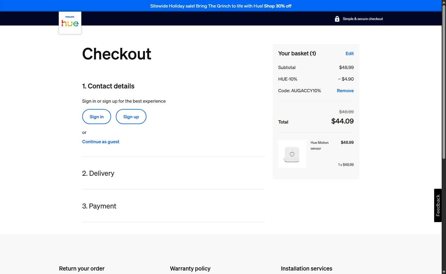 Philips Hue checkout page showing Philips Hue promo code box | Screenshot taken by SimplyCodes community member on Dec 23, 2025