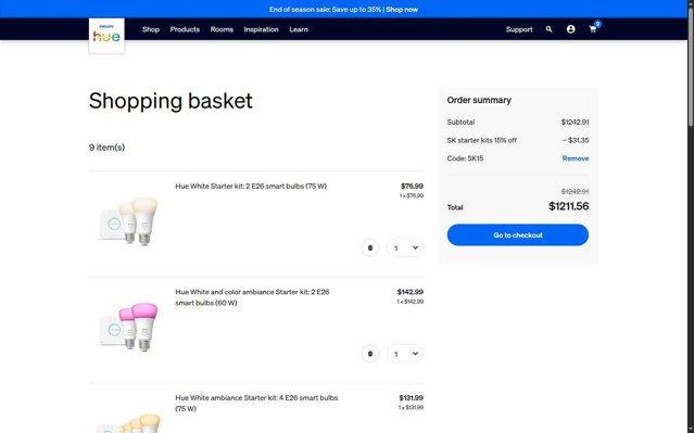 Philips Hue checkout page showing Philips Hue promo code box | Screenshot taken by SimplyCodes community member on Aug 28, 2025