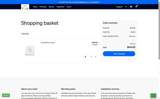 Philips Hue checkout page showing Philips Hue promo code box | Screenshot taken by SimplyCodes community member on Sep 7, 2025