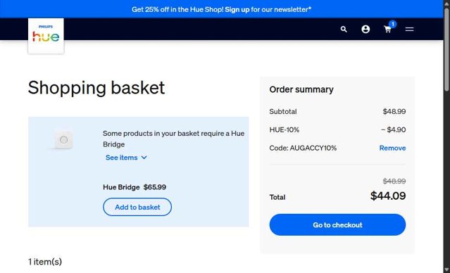 Philips Hue checkout page showing Philips Hue promo code box | Screenshot taken by SimplyCodes community member on Sep 3, 2025