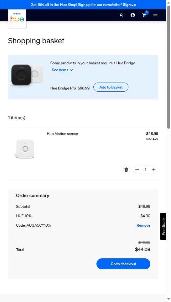 Philips Hue checkout page showing Philips Hue promo code box | Screenshot taken by SimplyCodes community member on Jan 8, 2026