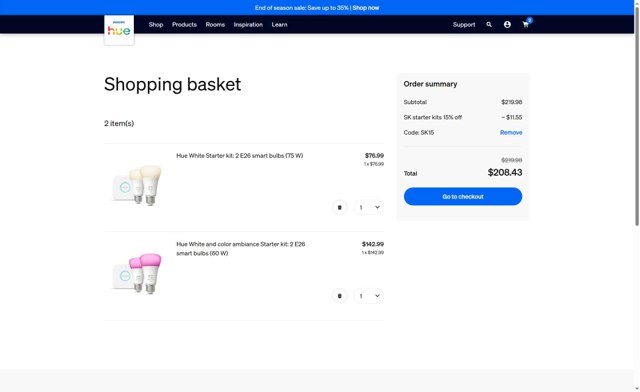 Philips Hue checkout page showing Philips Hue promo code box | Screenshot taken by SimplyCodes community member on Aug 28, 2025