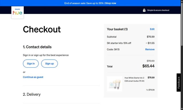 Philips Hue checkout page showing Philips Hue promo code box | Screenshot taken by SimplyCodes community member on Aug 25, 2025