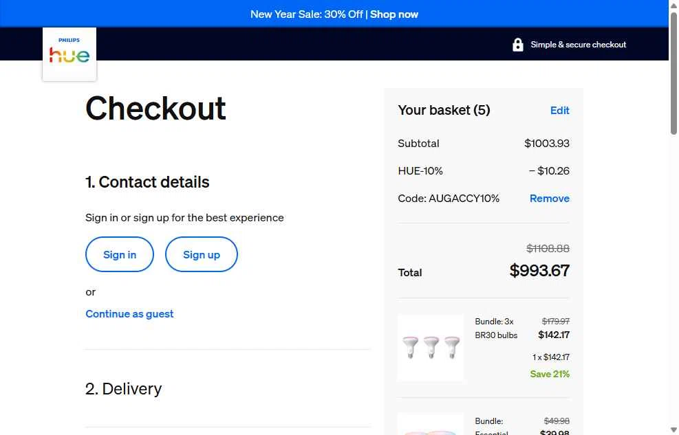 Philips Hue checkout page showing Philips Hue promo code box | Screenshot taken by SimplyCodes community member on Jan 20, 2026