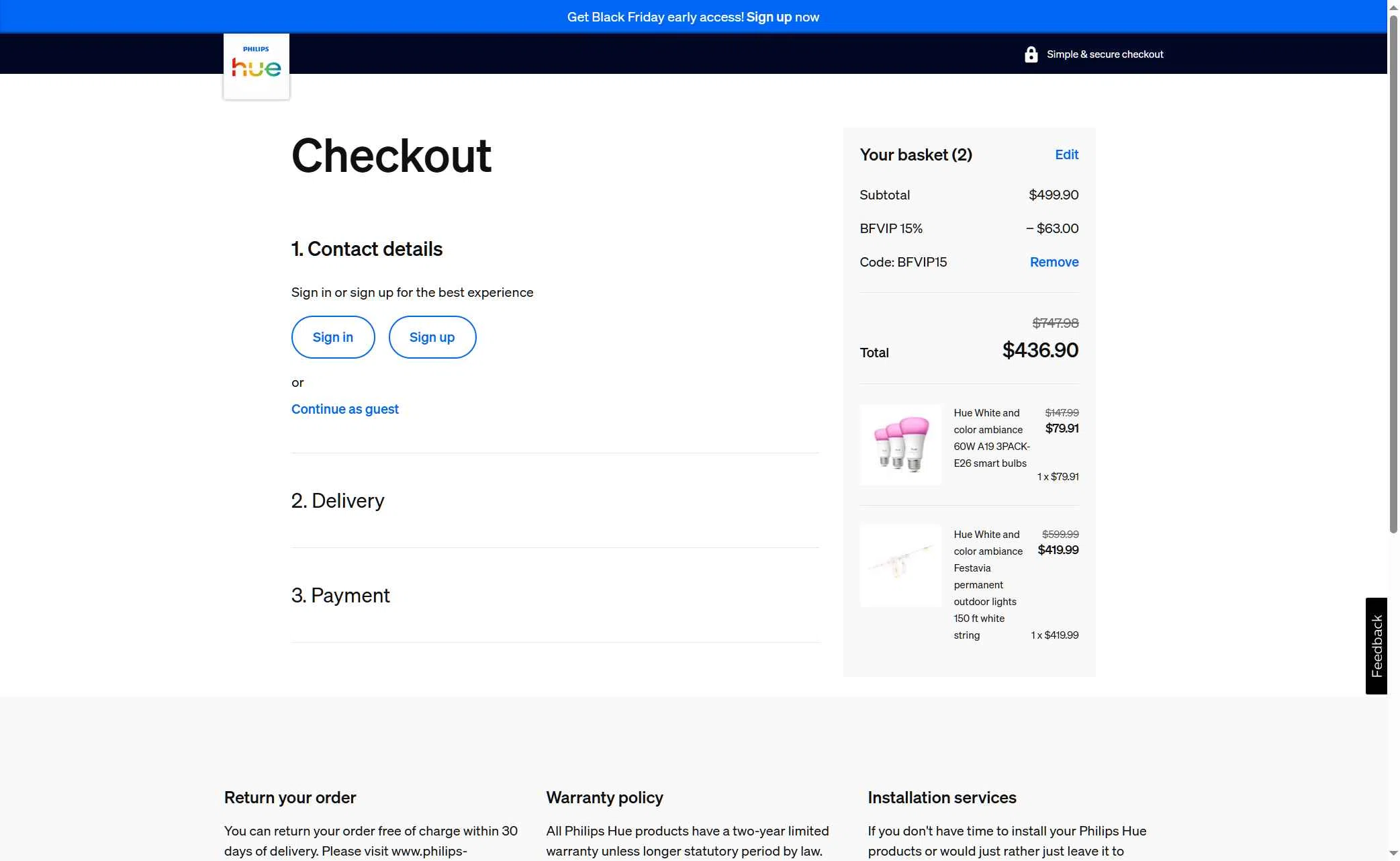 Philips Hue checkout page showing Philips Hue promo code box | Screenshot taken by SimplyCodes community member on Nov 13, 2025