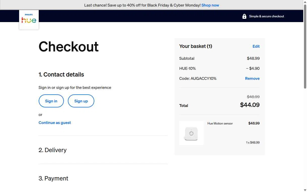 Philips Hue checkout page showing Philips Hue promo code box | Screenshot taken by SimplyCodes community member on Dec 2, 2025