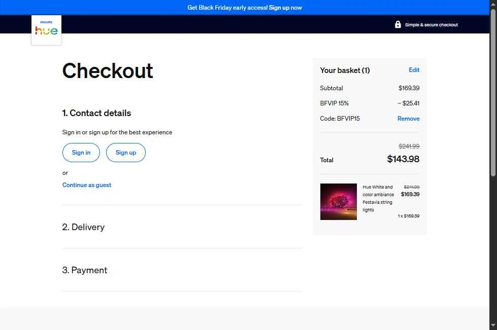 Philips Hue checkout page showing Philips Hue promo code box | Screenshot taken by SimplyCodes community member on Nov 13, 2025
