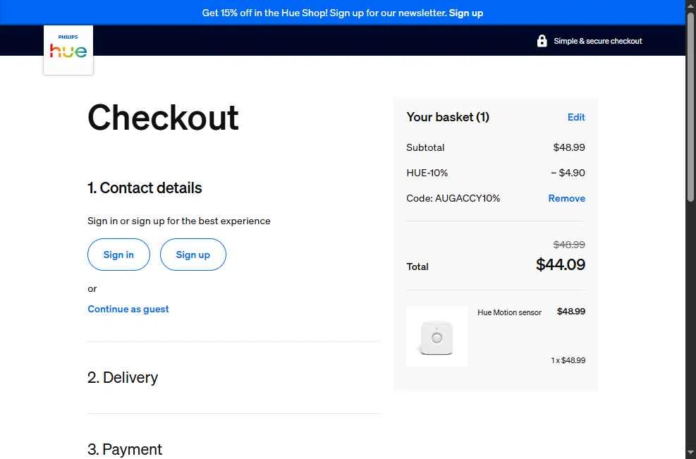 Philips Hue checkout page showing Philips Hue promo code box | Screenshot taken by SimplyCodes community member on Dec 10, 2025