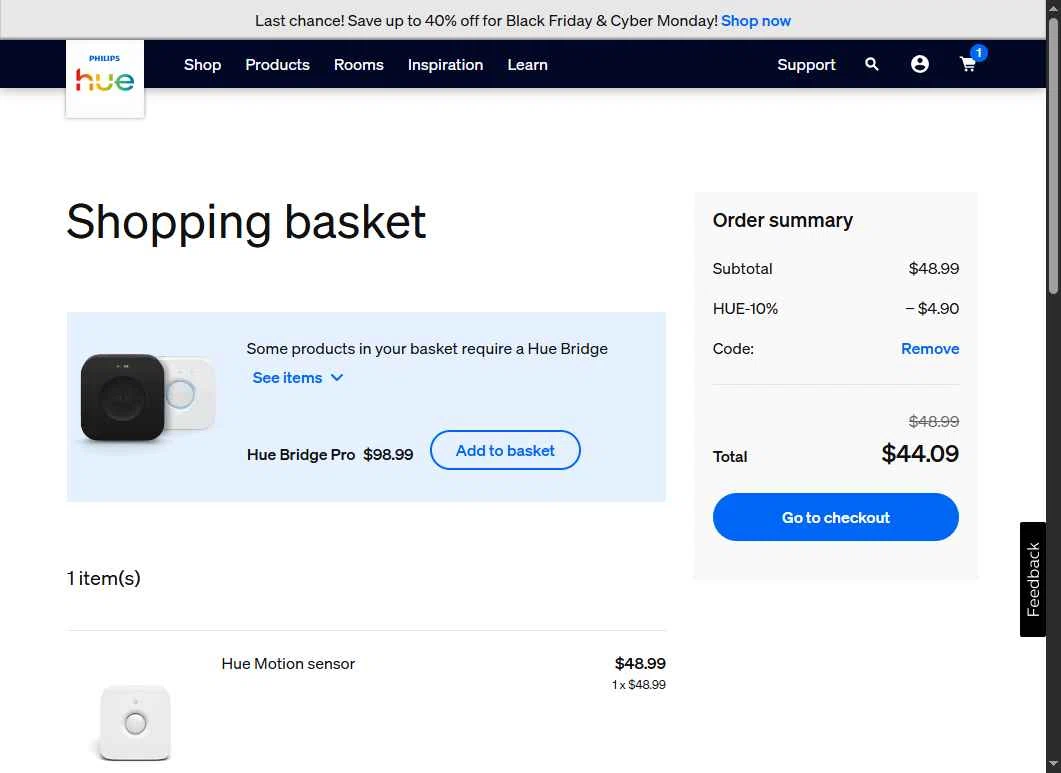 Philips Hue checkout page showing Philips Hue promo code box | Screenshot taken by SimplyCodes community member on Dec 2, 2025