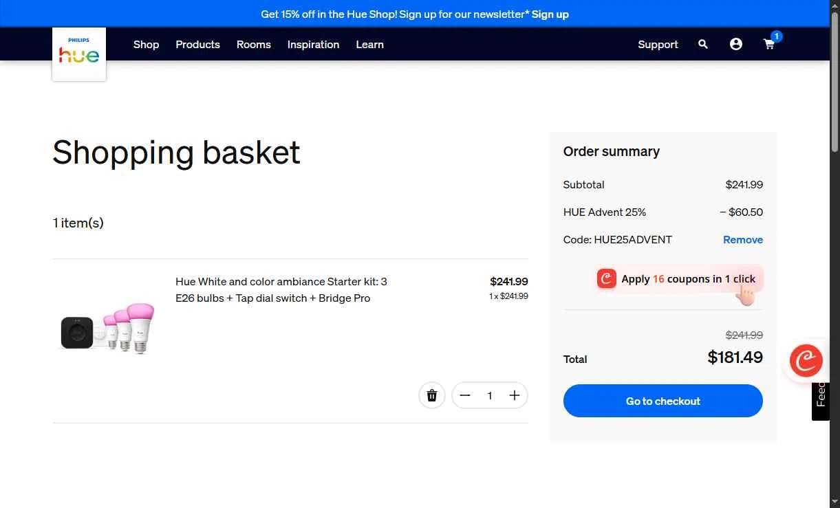 Philips Hue checkout page showing Philips Hue promo code box | Screenshot taken by SimplyCodes community member on Jan 6, 2026