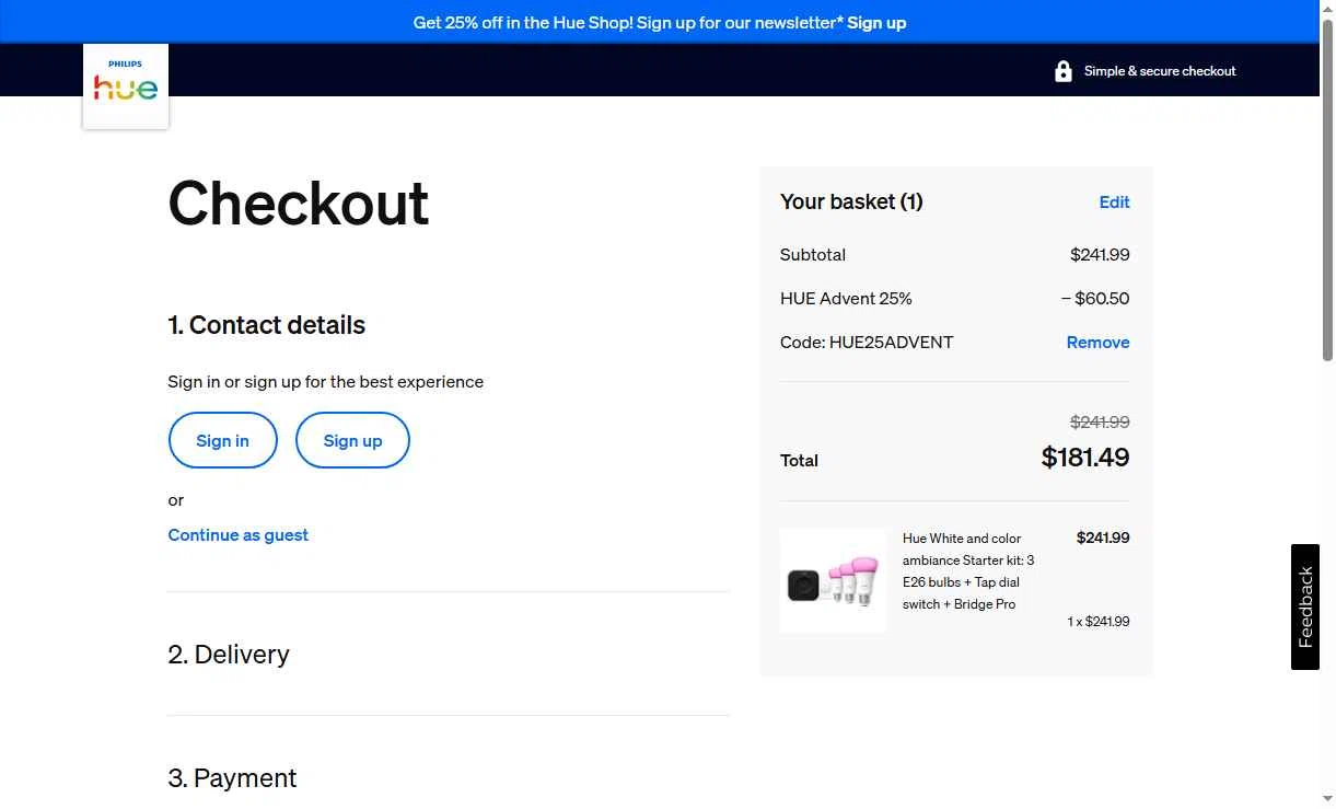 Philips Hue checkout page showing Philips Hue promo code box | Screenshot taken by SimplyCodes community member on Jan 2, 2026