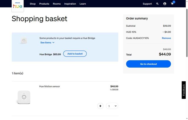 Philips Hue checkout page showing Philips Hue promo code box | Screenshot taken by SimplyCodes community member on Sep 1, 2025