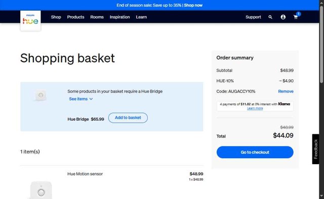Philips Hue checkout page showing Philips Hue promo code box | Screenshot taken by SimplyCodes community member on Aug 22, 2025
