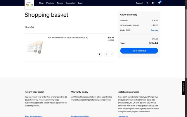 Philips Hue checkout page showing Philips Hue promo code box | Screenshot taken by SimplyCodes community member on Aug 28, 2025