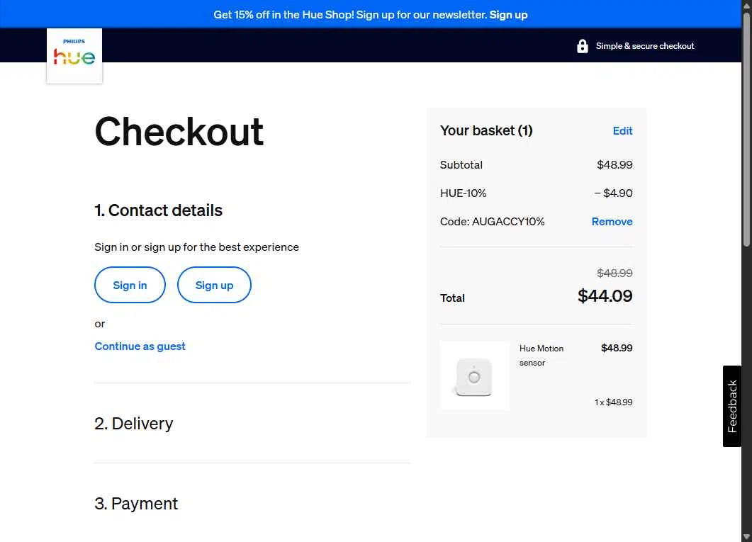 Philips Hue checkout page showing Philips Hue promo code box | Screenshot taken by SimplyCodes community member on Dec 6, 2025