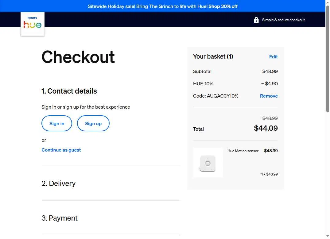 Philips Hue checkout page showing Philips Hue promo code box | Screenshot taken by SimplyCodes community member on Dec 18, 2025