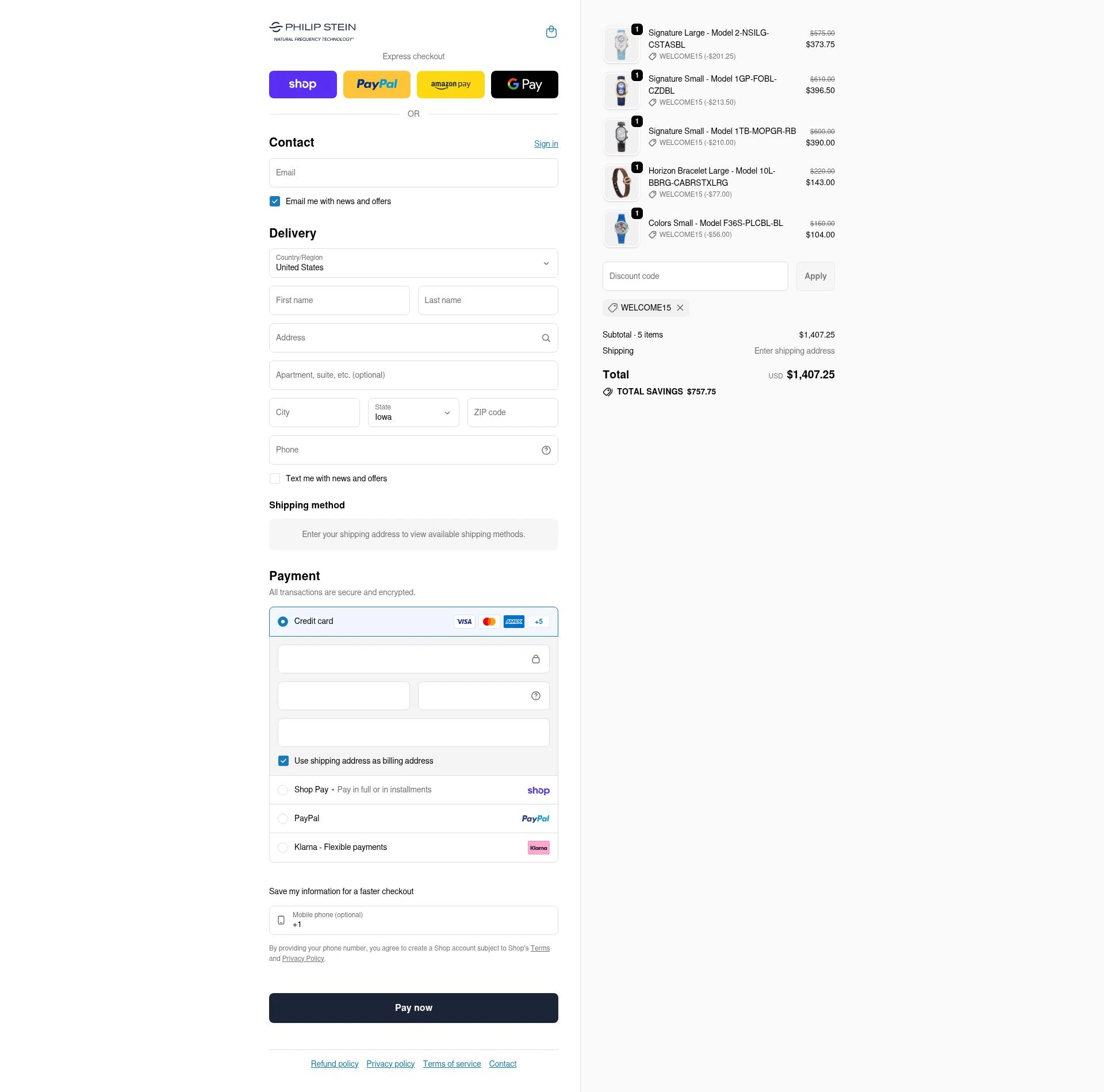 Philip Stein checkout page showing Philip Stein discount code box | Screenshot taken by SimplyCodes community member on Feb 13, 2026