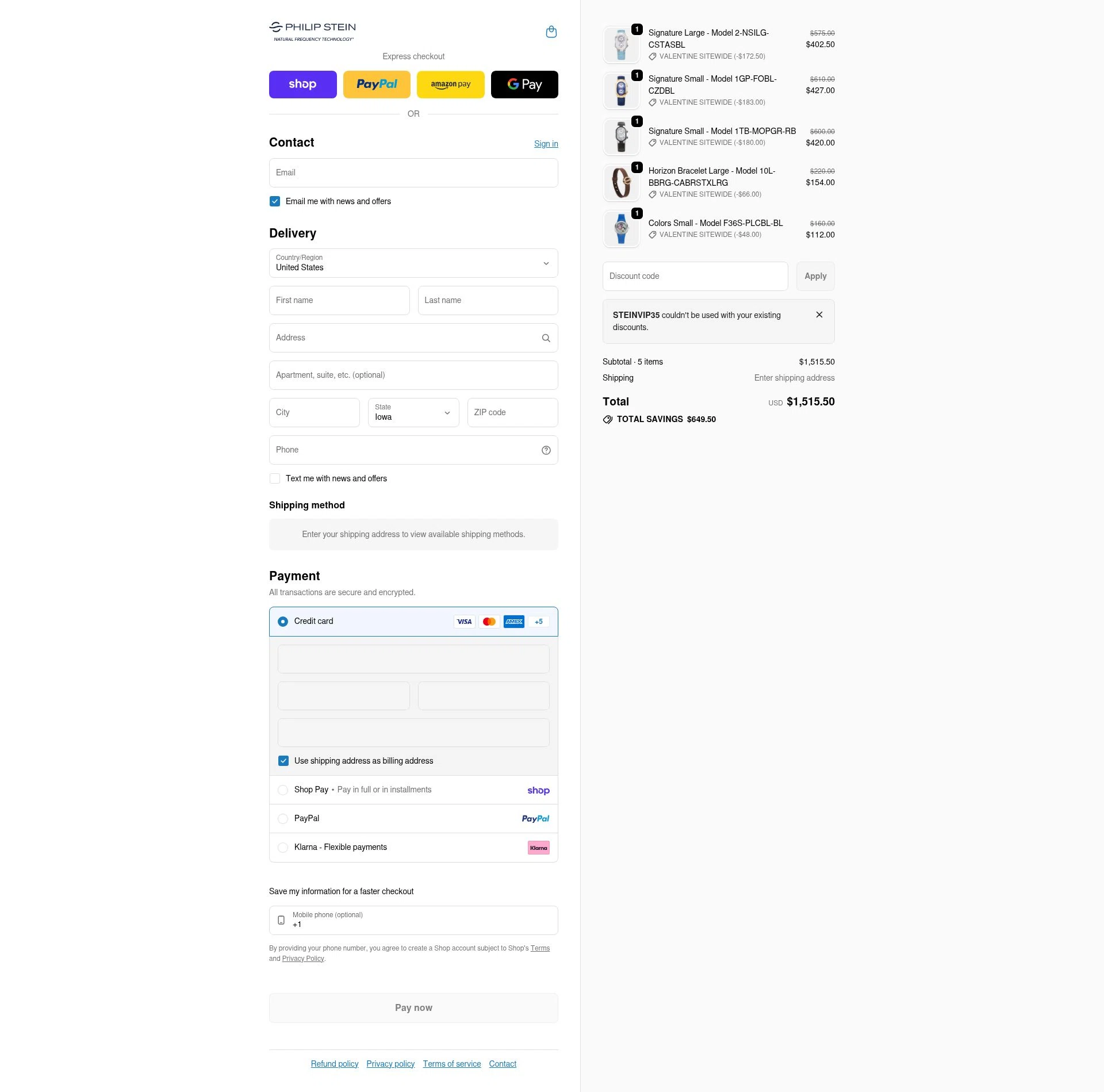Philip Stein checkout page showing Philip Stein discount code box | Screenshot taken by SimplyCodes community member on Feb 13, 2026