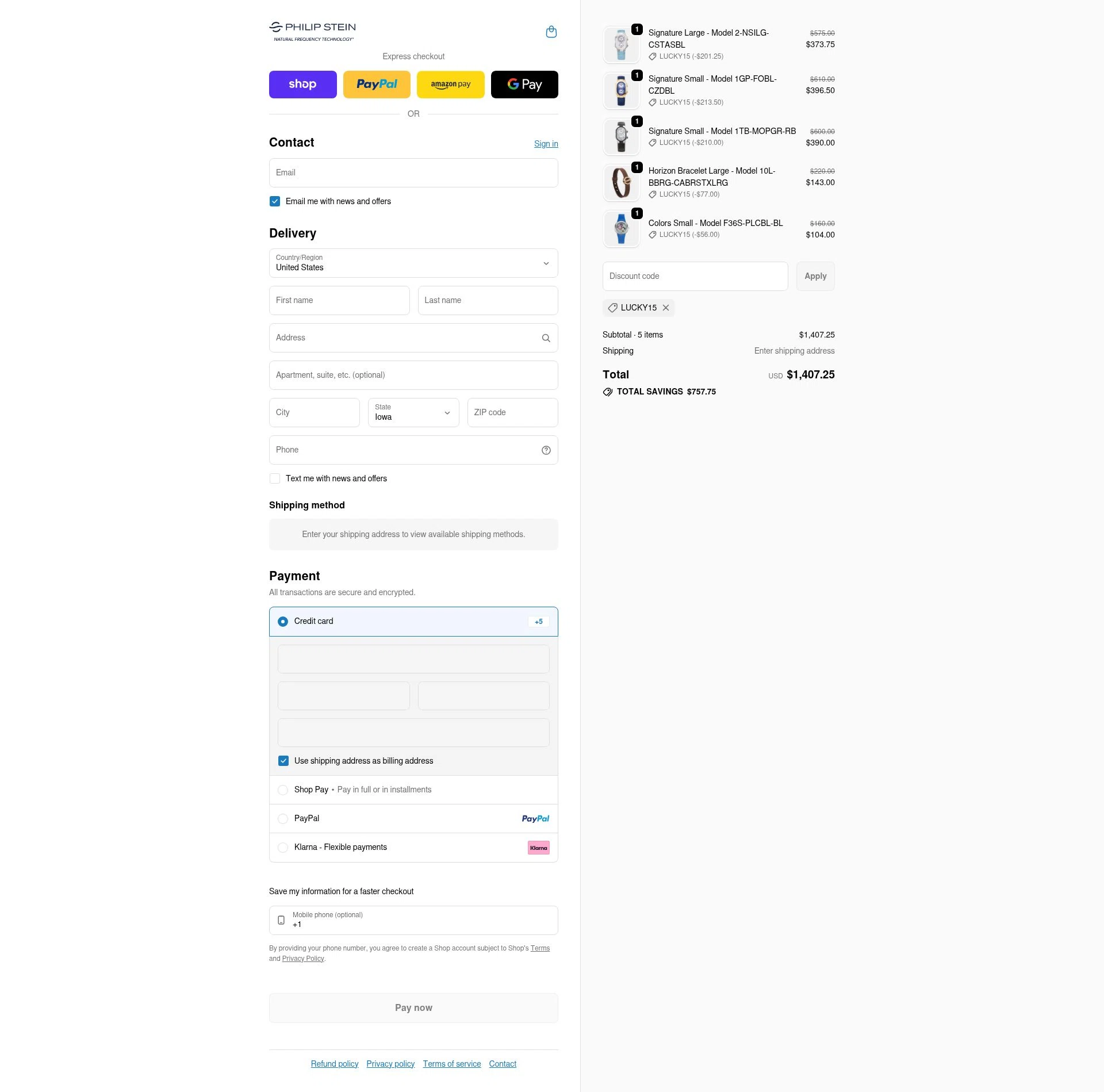 Philip Stein checkout page showing Philip Stein discount code box | Screenshot taken by SimplyCodes community member on Feb 13, 2026