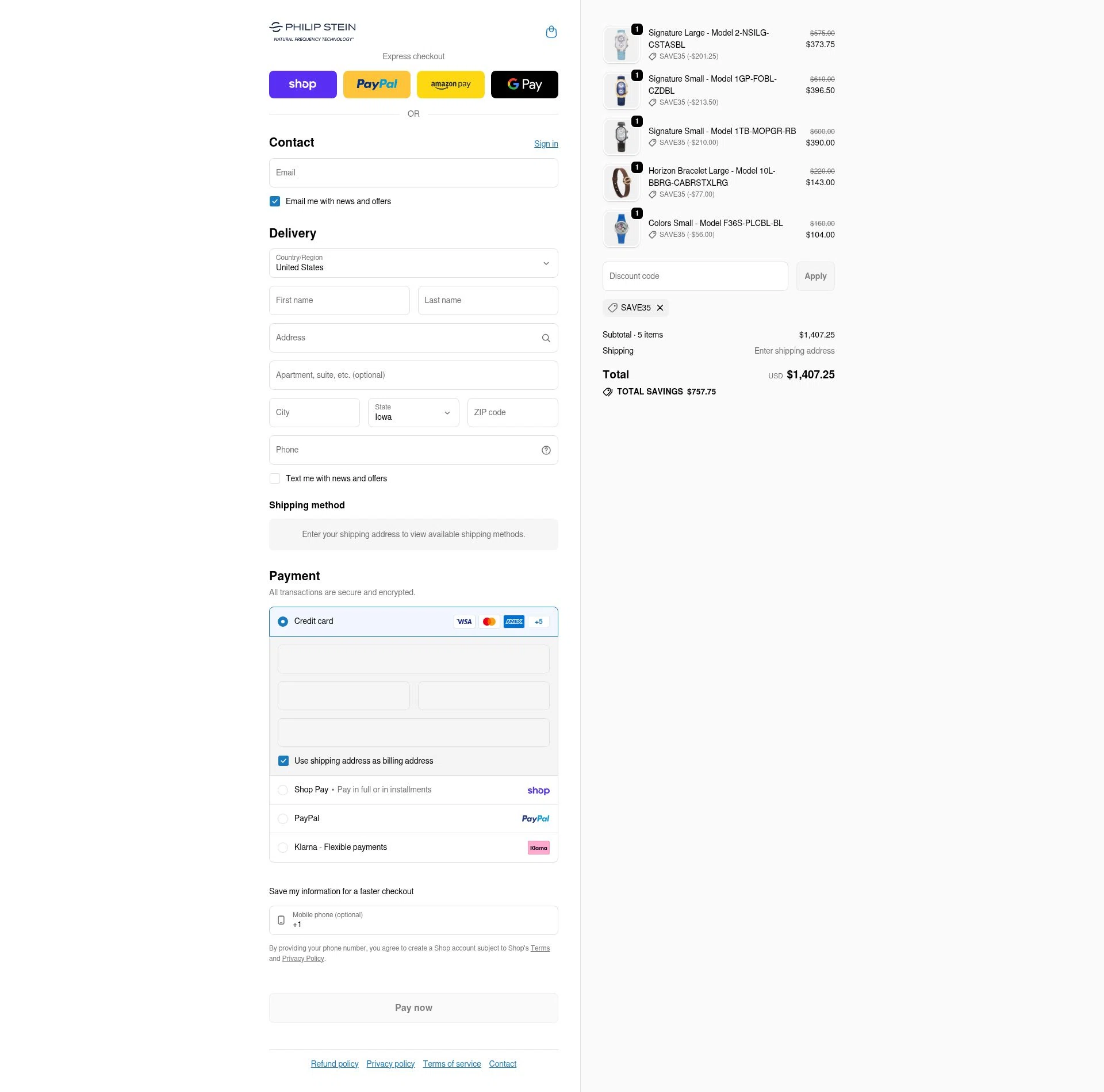 Philip Stein checkout page showing Philip Stein discount code box | Screenshot taken by SimplyCodes community member on Feb 13, 2026