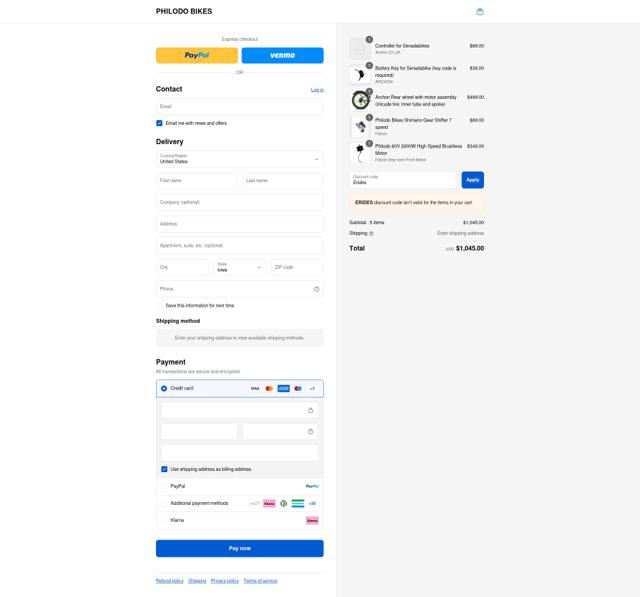 Philodo Bikes checkout page showing Philodo Bikes promo code box | Screenshot taken by SimplyCodes community member on Sep 8, 2025