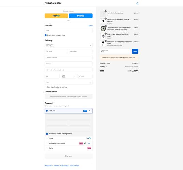 Philodo Bikes checkout page showing Philodo Bikes promo code box | Screenshot taken by SimplyCodes community member on Sep 12, 2025