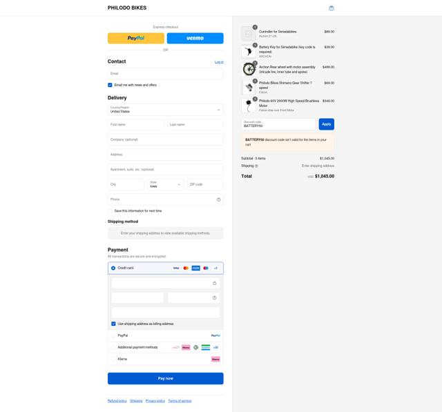 Philodo Bikes checkout page showing Philodo Bikes promo code box | Screenshot taken by SimplyCodes community member on Sep 8, 2025