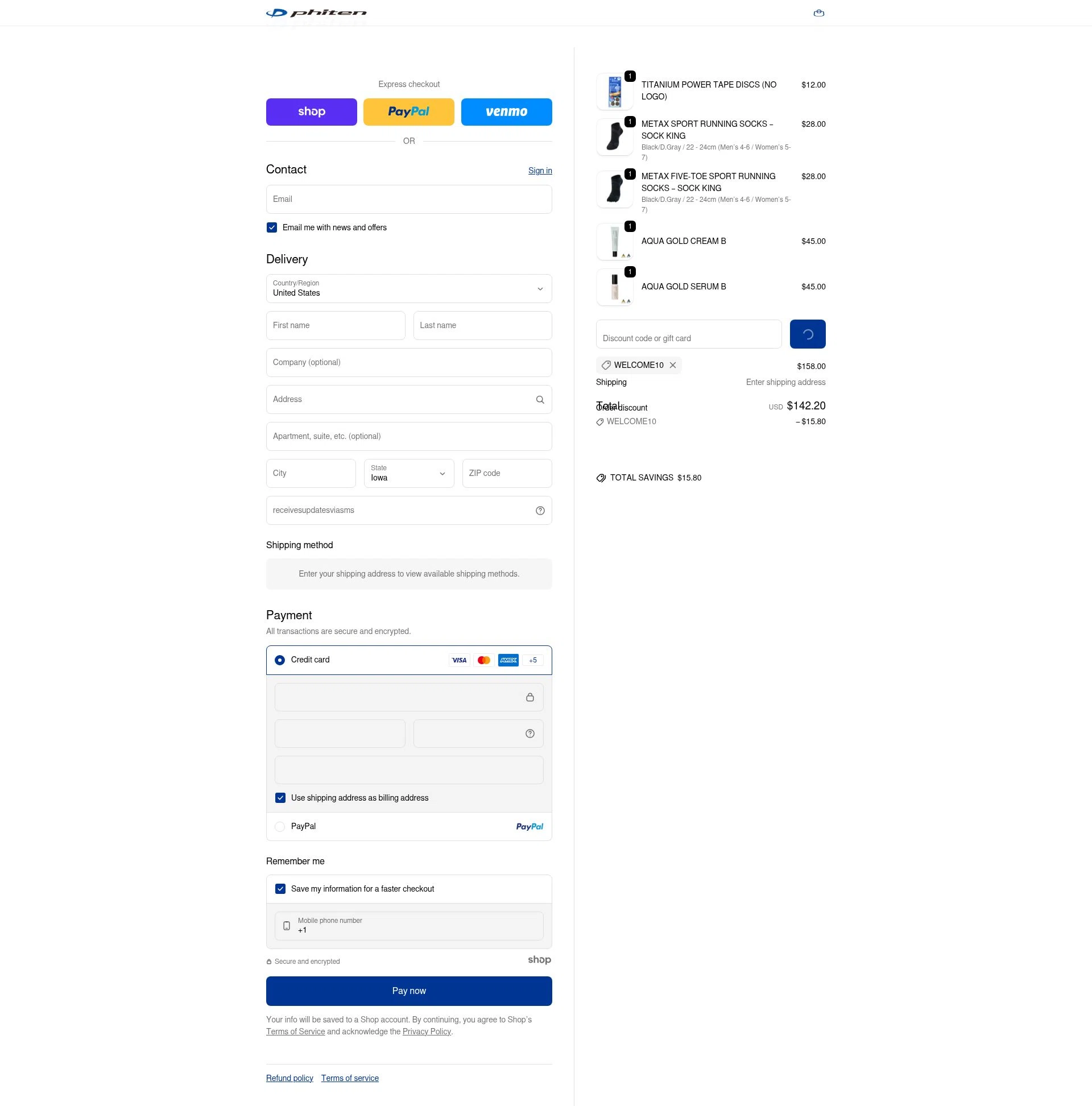 Phiten USA checkout page showing Phiten USA coupon code box | Screenshot taken by SimplyCodes community member on Dec 27, 2025