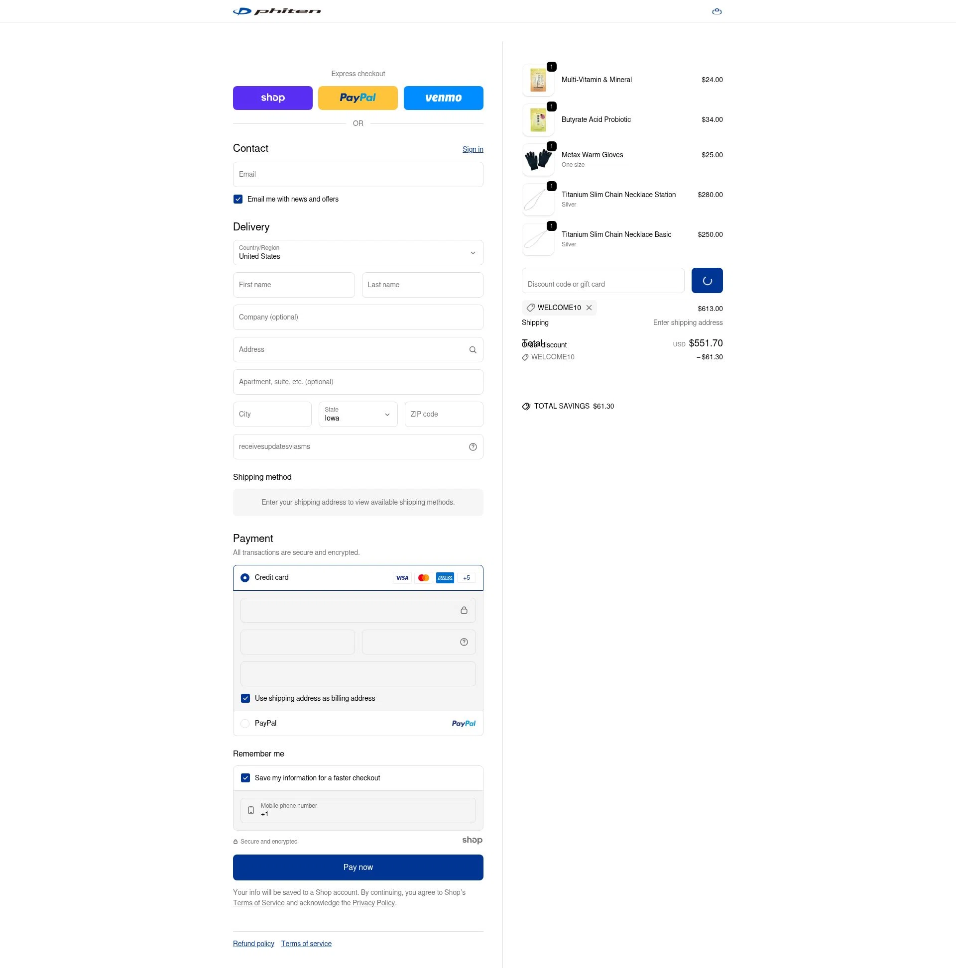 Phiten USA checkout page showing Phiten USA coupon code box | Screenshot taken by SimplyCodes community member on Jan 6, 2026