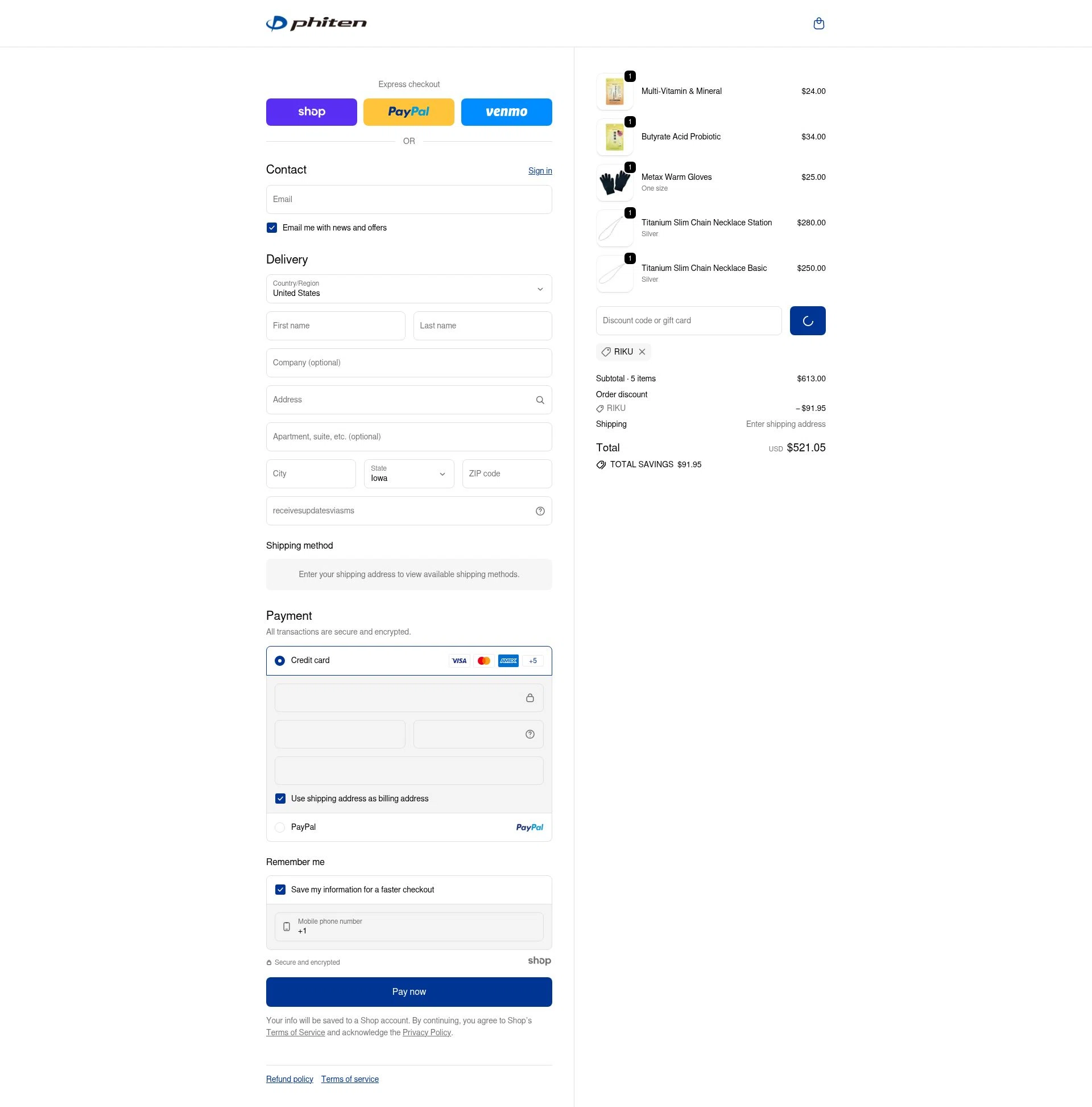 Phiten USA checkout page showing Phiten USA coupon code box | Screenshot taken by SimplyCodes community member on Jan 6, 2026