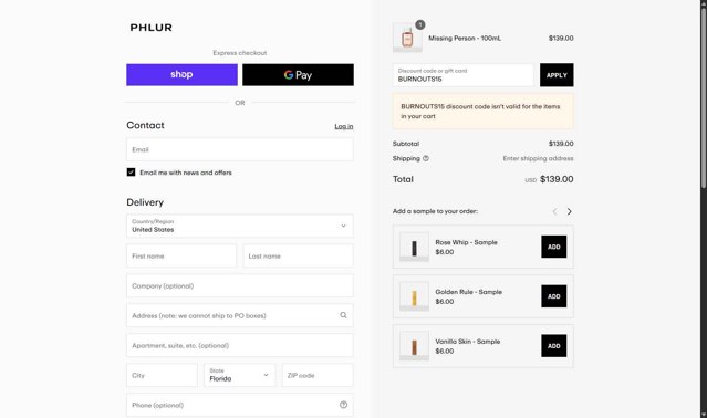 Phlur checkout page showing Phlur discount code box | Screenshot taken by SimplyCodes community member on Sep 2, 2025
