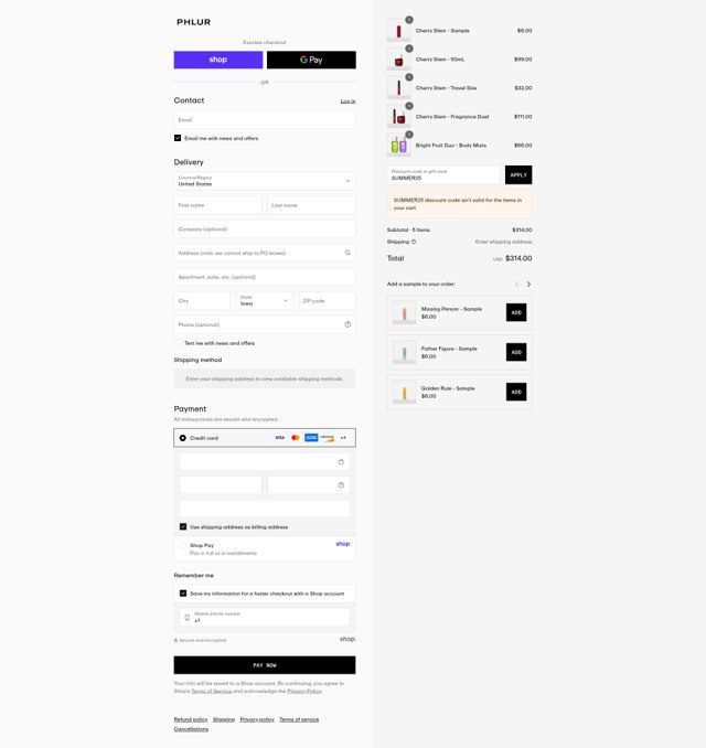 Phlur checkout page showing Phlur discount code box | Screenshot taken by SimplyCodes community member on Sep 7, 2025