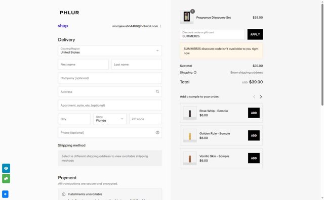 Phlur checkout page showing Phlur discount code box | Screenshot taken by SimplyCodes community member on Sep 2, 2025