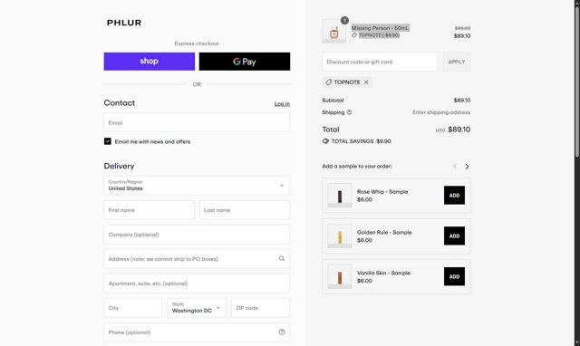 Phlur checkout page showing Phlur discount code box | Screenshot taken by SimplyCodes community member on Sep 3, 2025