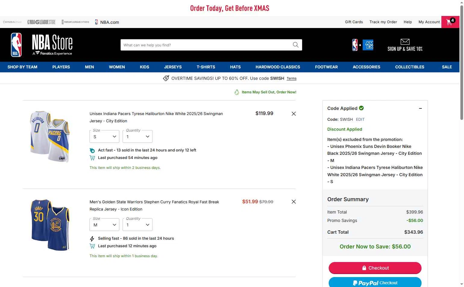 Phoenix Suns checkout page showing Phoenix Suns promo code box | Screenshot taken by SimplyCodes community member on Dec 5, 2025
