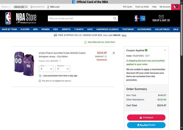 Phoenix Suns checkout page showing Phoenix Suns promo code box | Screenshot taken by SimplyCodes community member on Sep 21, 2025