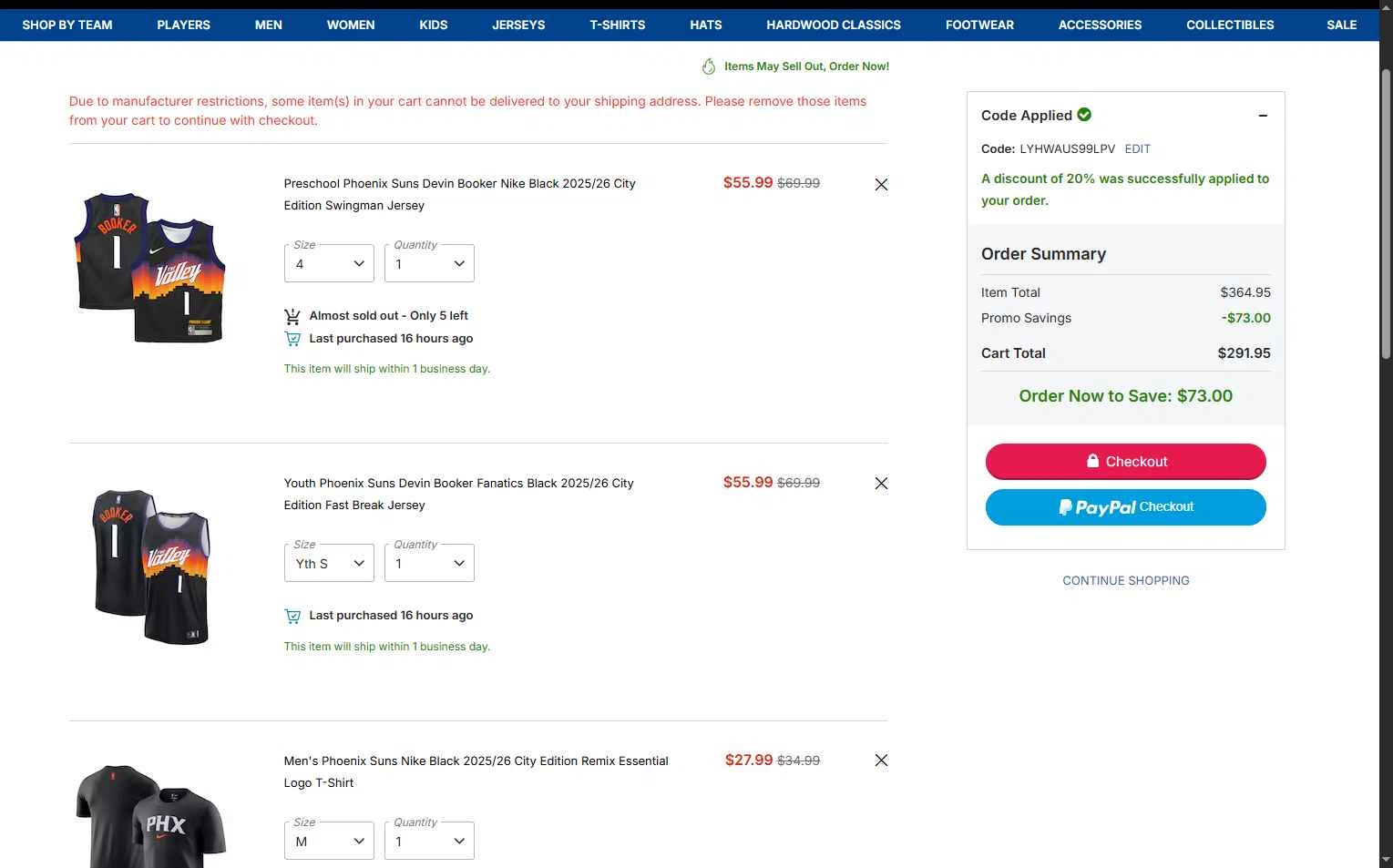 Phoenix Suns checkout page showing Phoenix Suns promo code box | Screenshot taken by SimplyCodes community member on Feb 24, 2026