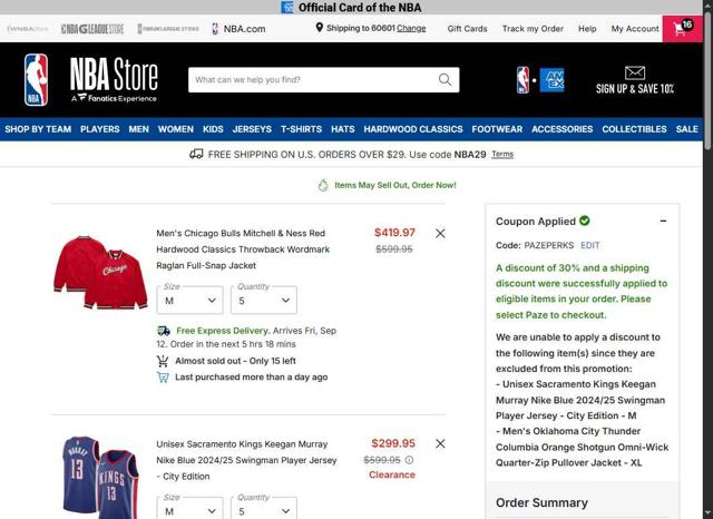 Phoenix Suns checkout page showing Phoenix Suns promo code box | Screenshot taken by SimplyCodes community member on Sep 10, 2025