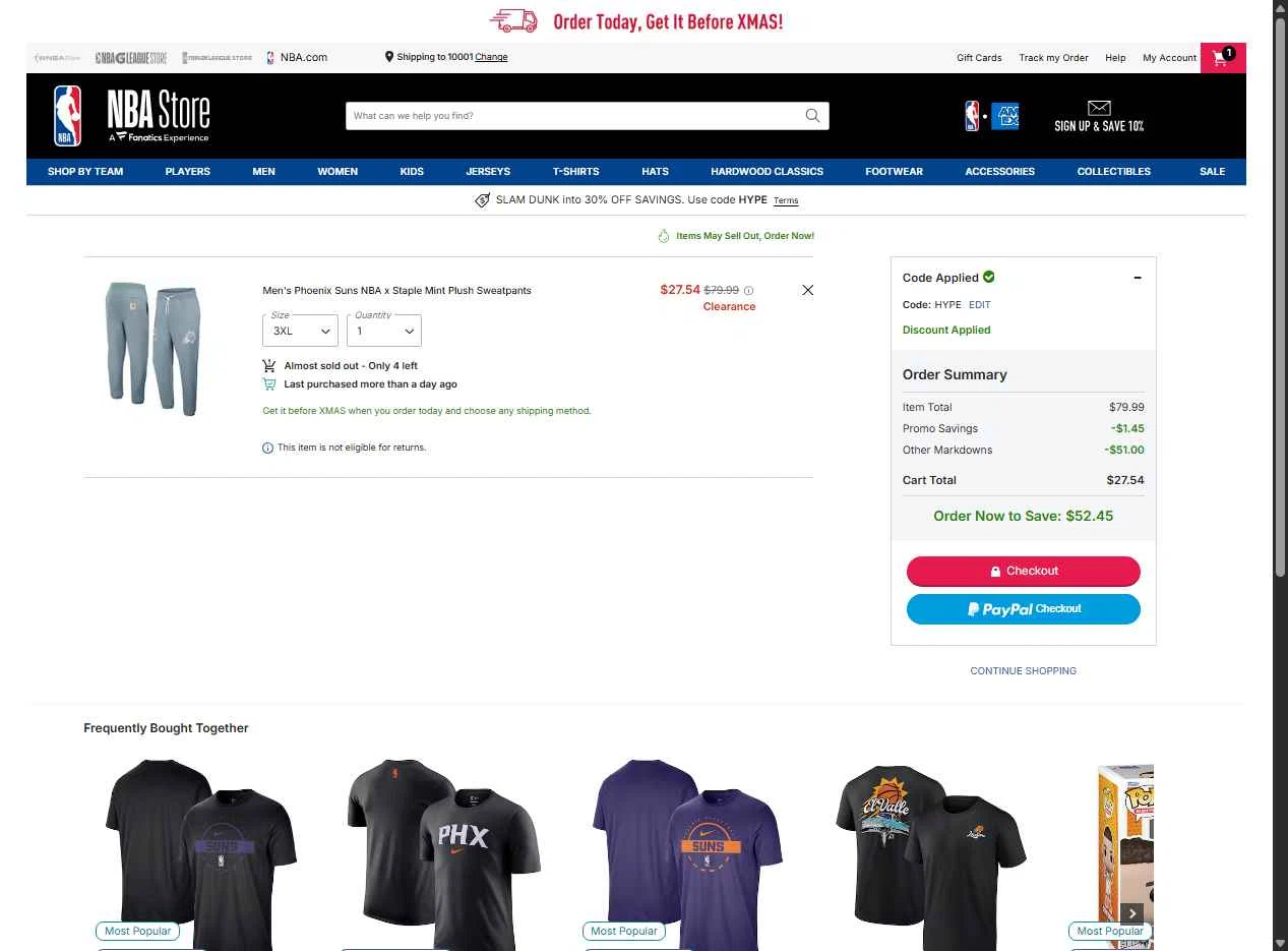 Phoenix Suns checkout page showing Phoenix Suns promo code box | Screenshot taken by SimplyCodes community member on Dec 11, 2025