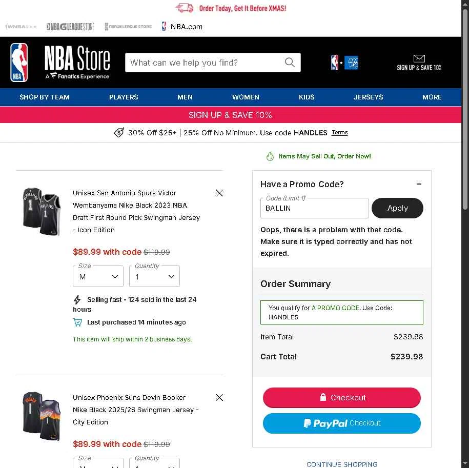 Phoenix Suns checkout page showing Phoenix Suns promo code box | Screenshot taken by SimplyCodes community member on Dec 16, 2025
