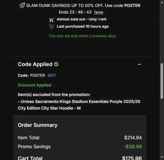 Phoenix Suns checkout page showing Phoenix Suns promo code box | Screenshot taken by SimplyCodes community member on Dec 8, 2025
