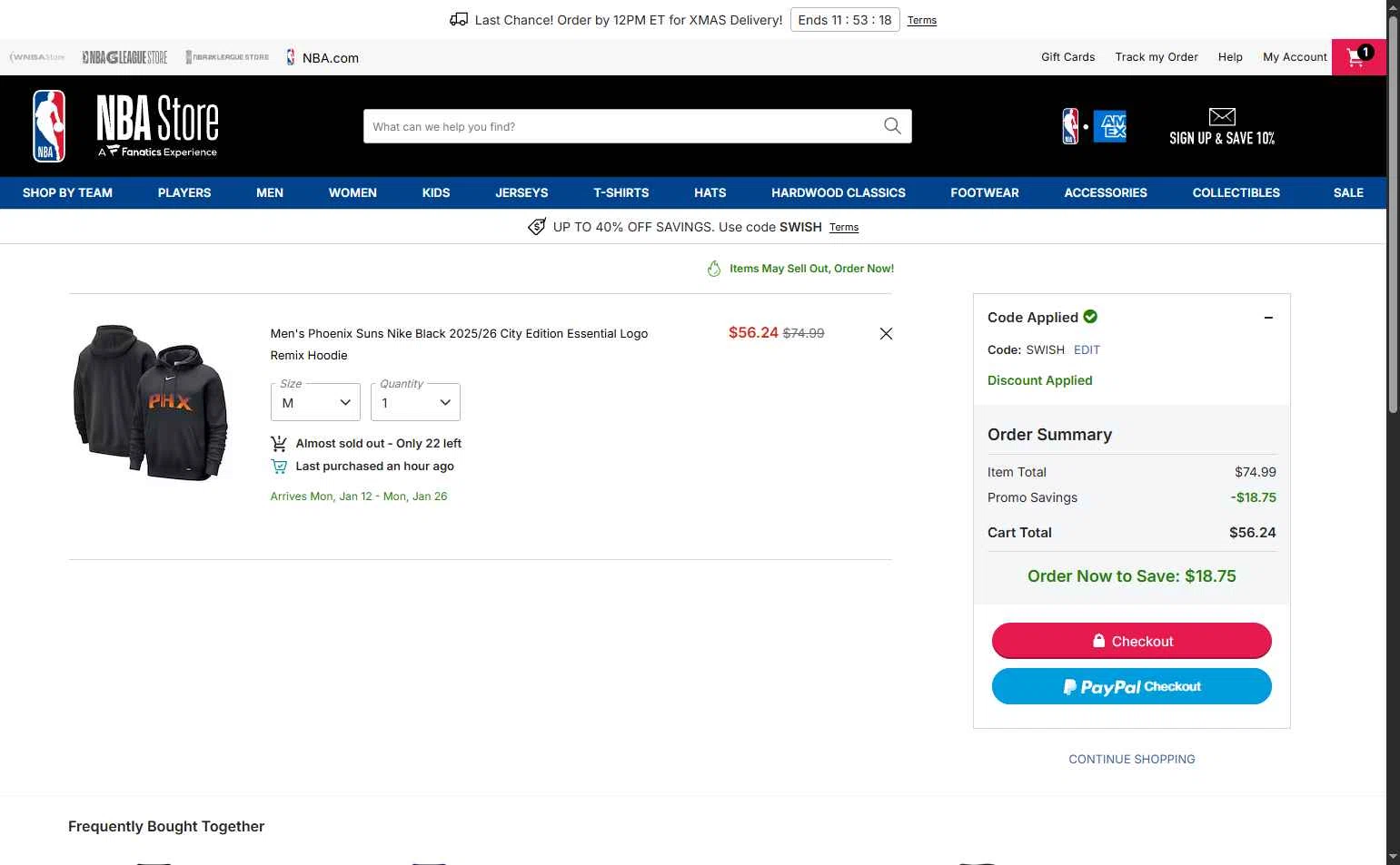 Phoenix Suns checkout page showing Phoenix Suns promo code box | Screenshot taken by SimplyCodes community member on Dec 22, 2025