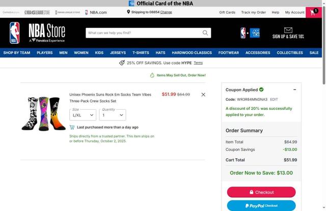 Phoenix Suns checkout page showing Phoenix Suns promo code box | Screenshot taken by SimplyCodes community member on Sep 24, 2025
